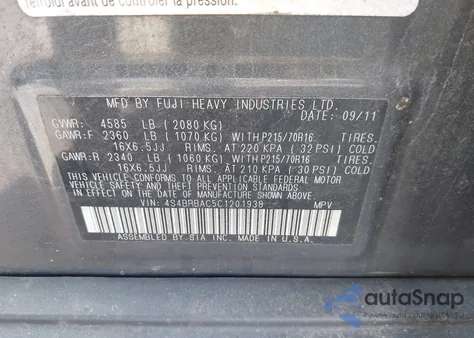 2012 Subaru Outback 2.5I из США, поврежденный, VIN 4S4BRBAC5C1201938